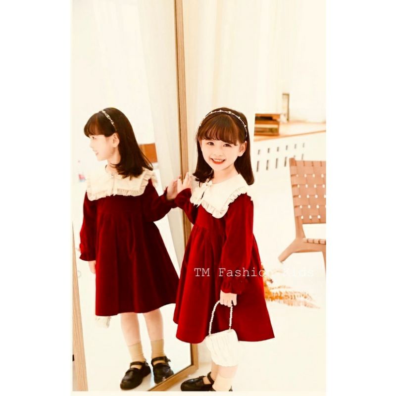 Váy nhung  cổ tiểu thư tay bồng cho bé gai
