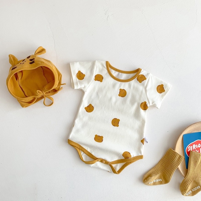 Bộ Áo Liền Quần Ngắn Tay Kèm Nón Vải Cotton Thời Trang Cho Bé Sơ Sinh