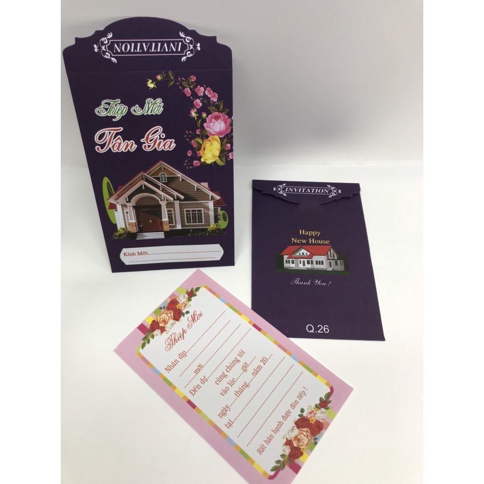 COMBO 10 thiệp mời tân gia đứng , thiêp 4 màu: xanh lá và tím đậm, in ofset 4 màu rõ nét, phong cách thiep hiện đại