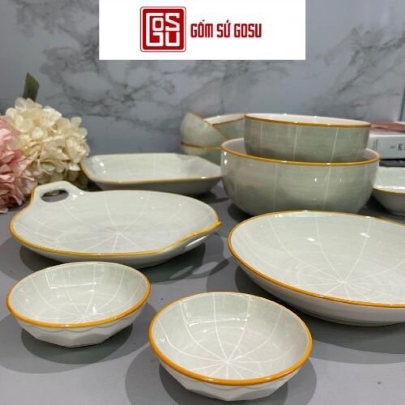 Bộ Bát Đĩa xám mint Cao Cấp Gosu Phong Cách Nhật Bản Men Ngọc Sáng Đẹp