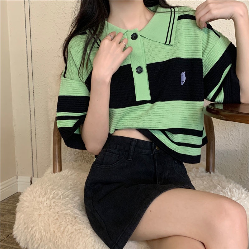 Áo polo Dệt Kim Tay Ngắn Dáng Rộng Họa Tiết Kẻ Sọc Thời Trang Mùa Hè 2022 Dành Cho Bạn Nữ