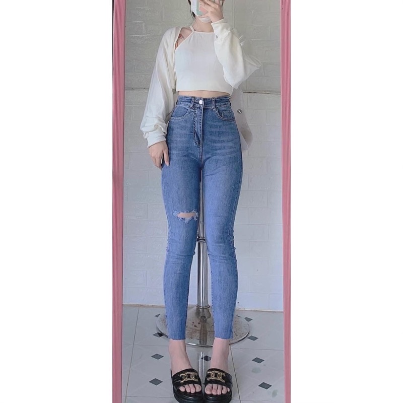 Set Jeans dài co giãn tua lai rách 1line + set 2 món áo khoác yếm