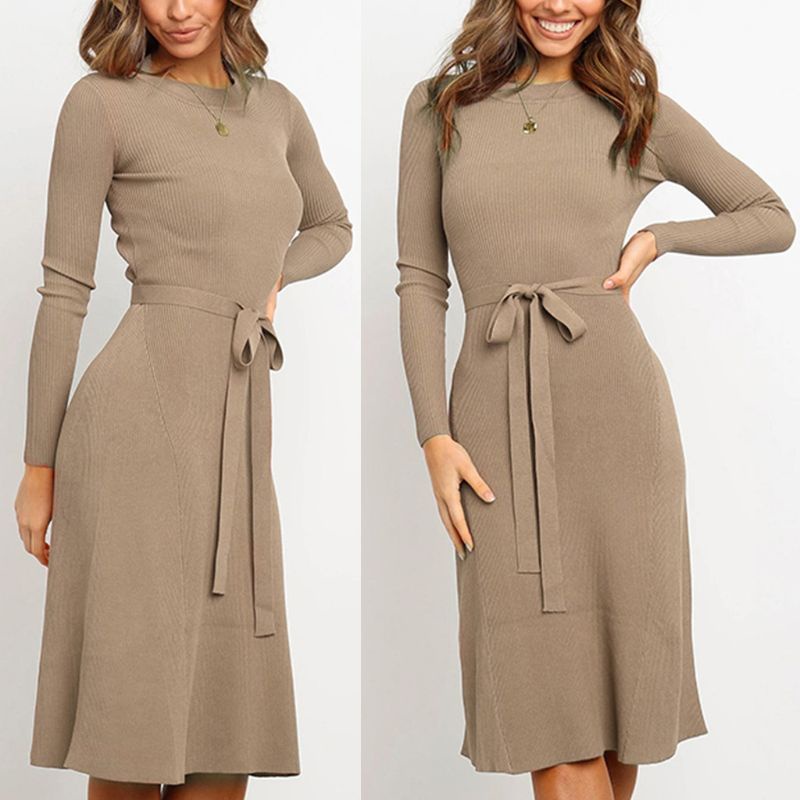 Xiangbao Đầm Midi Dệt Kim Dáng Dài Ôm Eo Có Gân Mùa Thu Cho Nữ