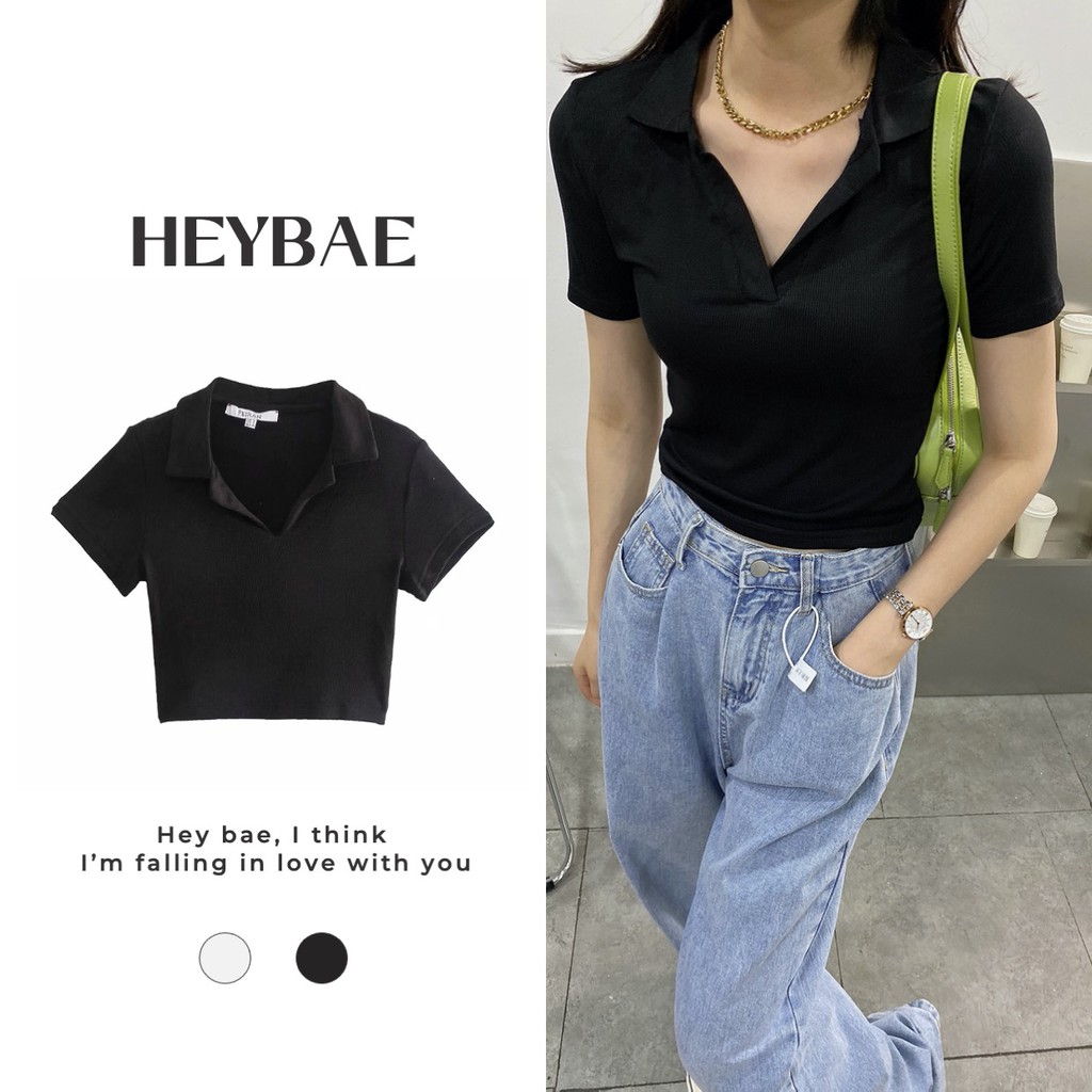 Áo croptop cổ bẻ Ella HEYBAE màu trơn basic chất thun ôm sát sexy mùa hè cho nữ