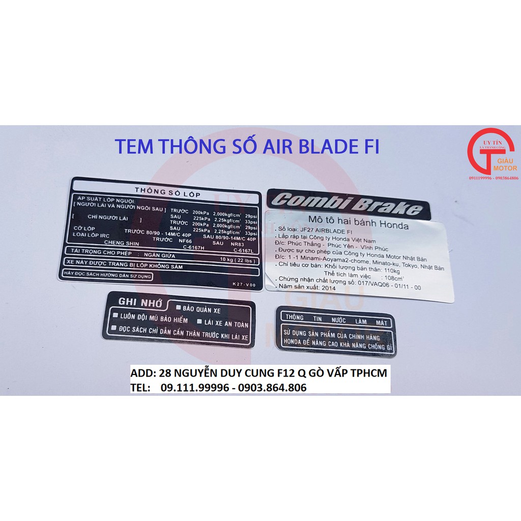 BỘ TEM THÔNG SỐ DÁN XE AIR BLADE FI . CHỐNG NƯỚC