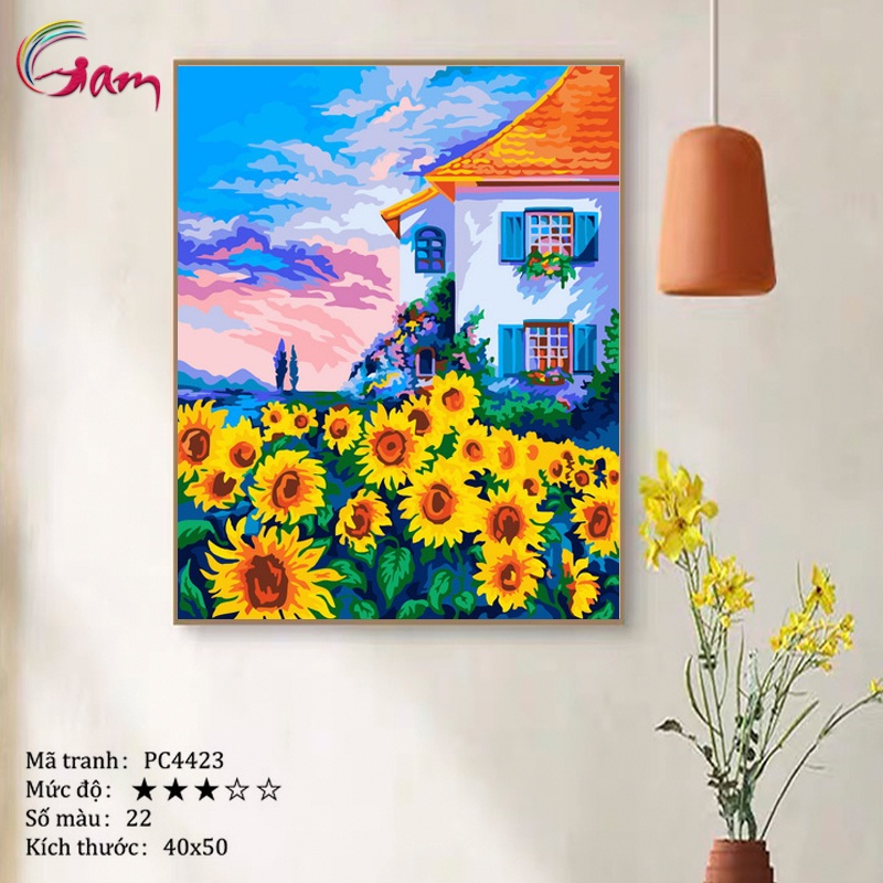 Tranh tô màu theo số phong cảnh đồng hoa hướng dương căng khung 40x50cm PC4423