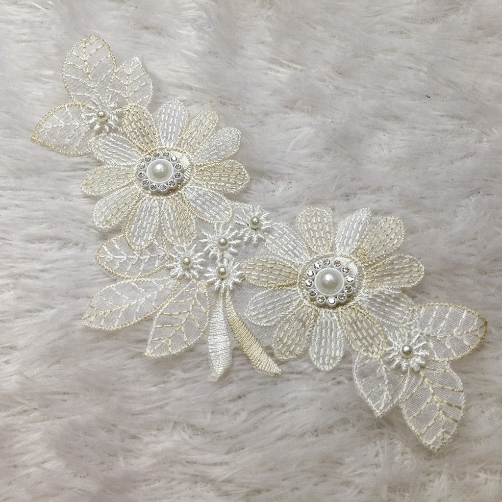 Bông voan 3d thêu nhụy cườm trai xoàn lấp lánh Hoa mai nhiều màu trang trí áo dài váy đầm sang trọng