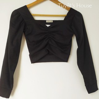 Áo Croptop nhún ngực dài tay chất gân mịn B10, áo crt cổ v tay dài tôn eo