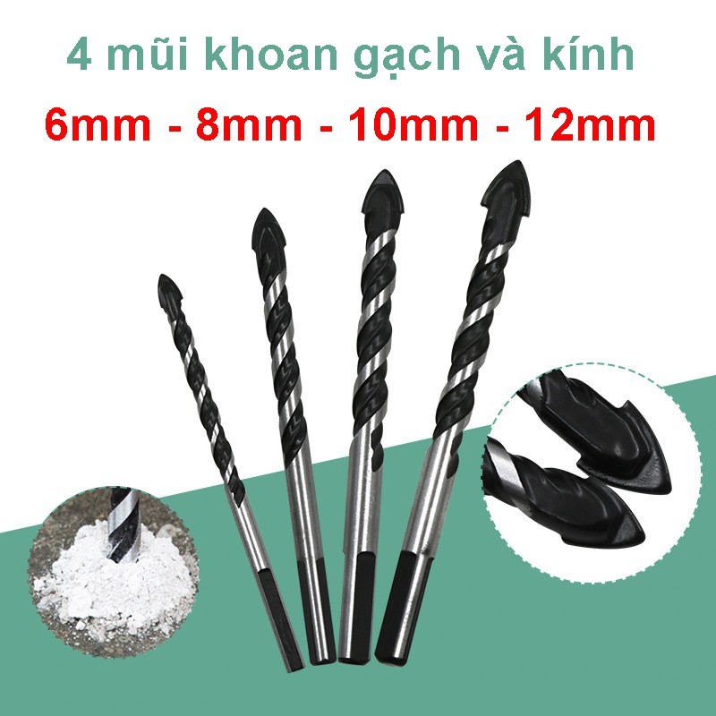 Bộ 4 mũi khoan gạch, kính, gỗ, thạch cao, sắt, đá hoa cương, tường, bê tông đa năng 6mm, 8mm, 10mm, 12mm