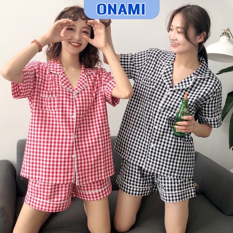 Bộ Ngủ Pijama Cộc Đùi Kẻ Caro Chất Cotton Dệt Loại 1 Nữ PJM006