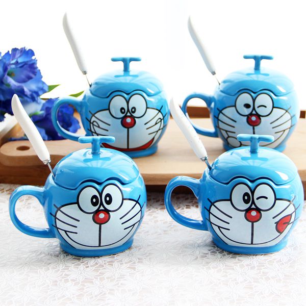 ✨Cốc Sứ Uống Cà Phê Hình Mèo Máy Doraemon Có Nắp Đậy Và Muỗng