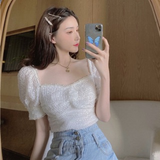 Áo cổ đính ngọc croptop