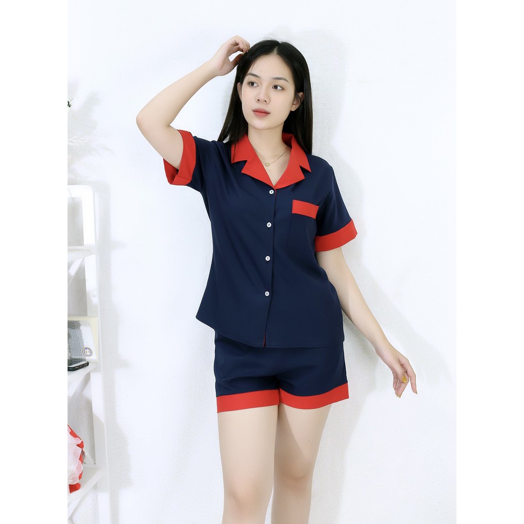 Bộ đồ Pijama nữ ngắn mặc nhà D5 XANH ĐEN PHA CỔ ĐỎ tay ngắn , quần ngắn Thoải Mái Nhẹ Nhàng