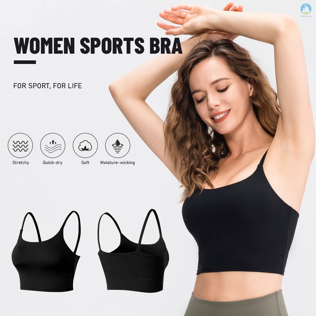 New Women Sports Bra Spaghetti Removable Padded Wireless Stretchy Breathable Cami Yoga Training Running Athletic Cropped Tank Top