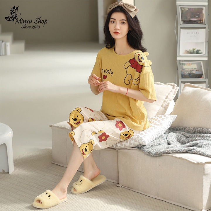Bộ ngủ mùa hè, bộ mặc nhà nữ quần lửng áo ngắn tay mát mẻ, hàng QCCC Mã BK