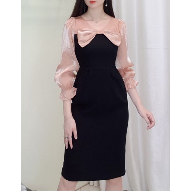 Váy body nơ to  phối tơ cao cấp là hàng thiết kế may kỹ ,trẻ xinh và tôn dáng, chất Xước Thái dày mịn mướt. Ảnh thật.