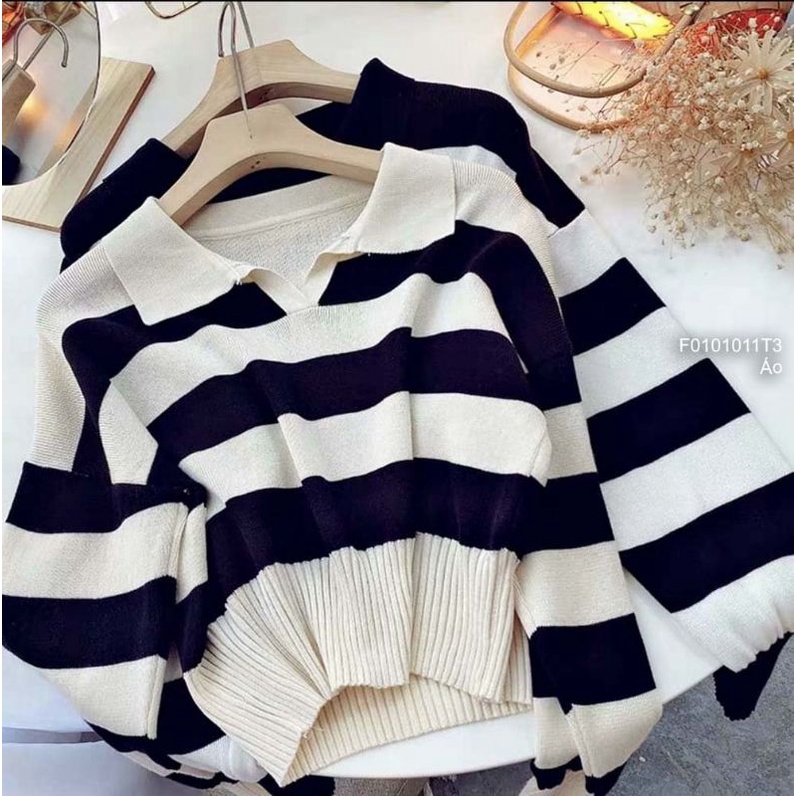 Áo len sọc cổ bẻ tay dài hàng nhập Quảng Châu