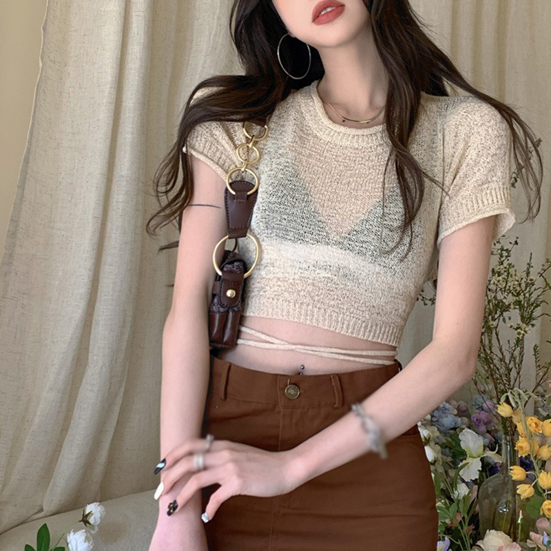Áo Thun Lửng Tay Ngắn Cổ Tròn Lưng Thắt Dây Thời Trang Cho Nữ