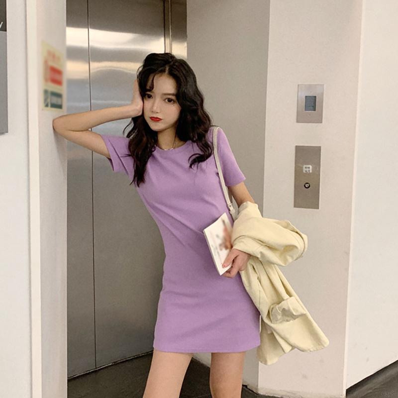 Đầm Chữ A Tay Ngắn Cổ Tròn Màu Trơn Phong Cách Hàn Quốc Thời Trang Cho Nữ