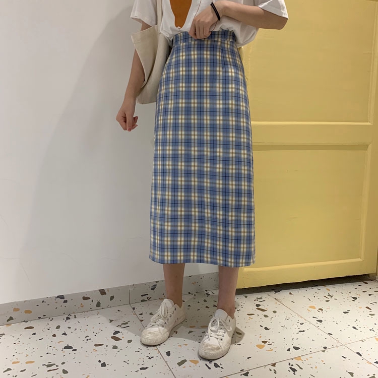 SUXI Chân váy dài họa tiết ca rô phong cách Hàn Quốc thanh lịch dành cho nữ