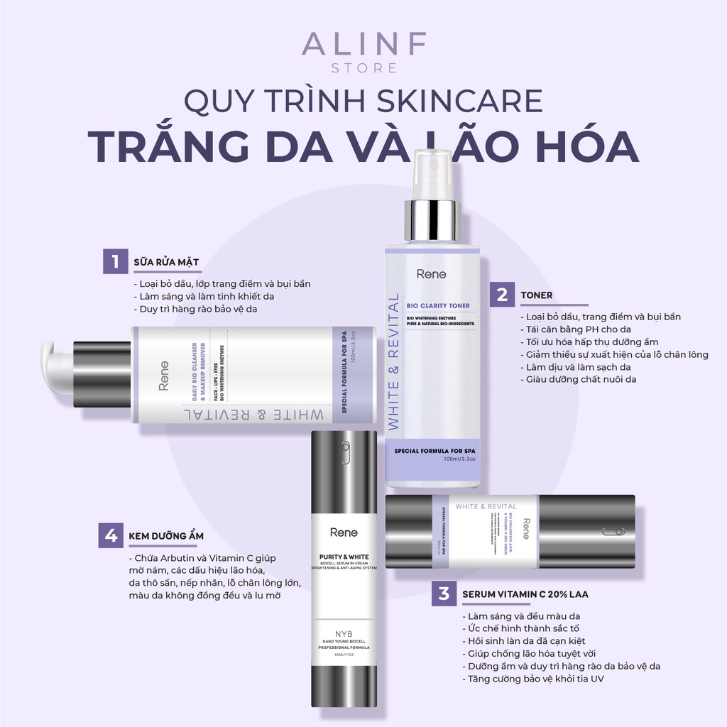 Sữa Rửa Mặt & Tẩy Trang Trắng Da RENE WHITE & REVITAL Daily Bio Cleanser & Makeup Remover 100ml