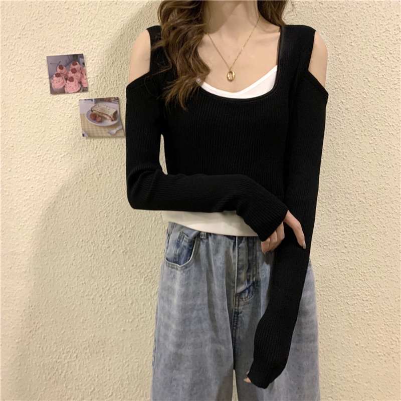 Áo dệt kim ZHELIHANGFEI tay dài trễ vai giả hai lớp phong cách thời trang cá tính cho nữ