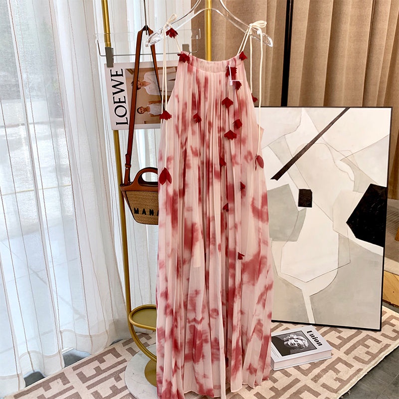 Đầm Chiffon Hai Dây In Họa Tiết Phong Cách Retro Pháp