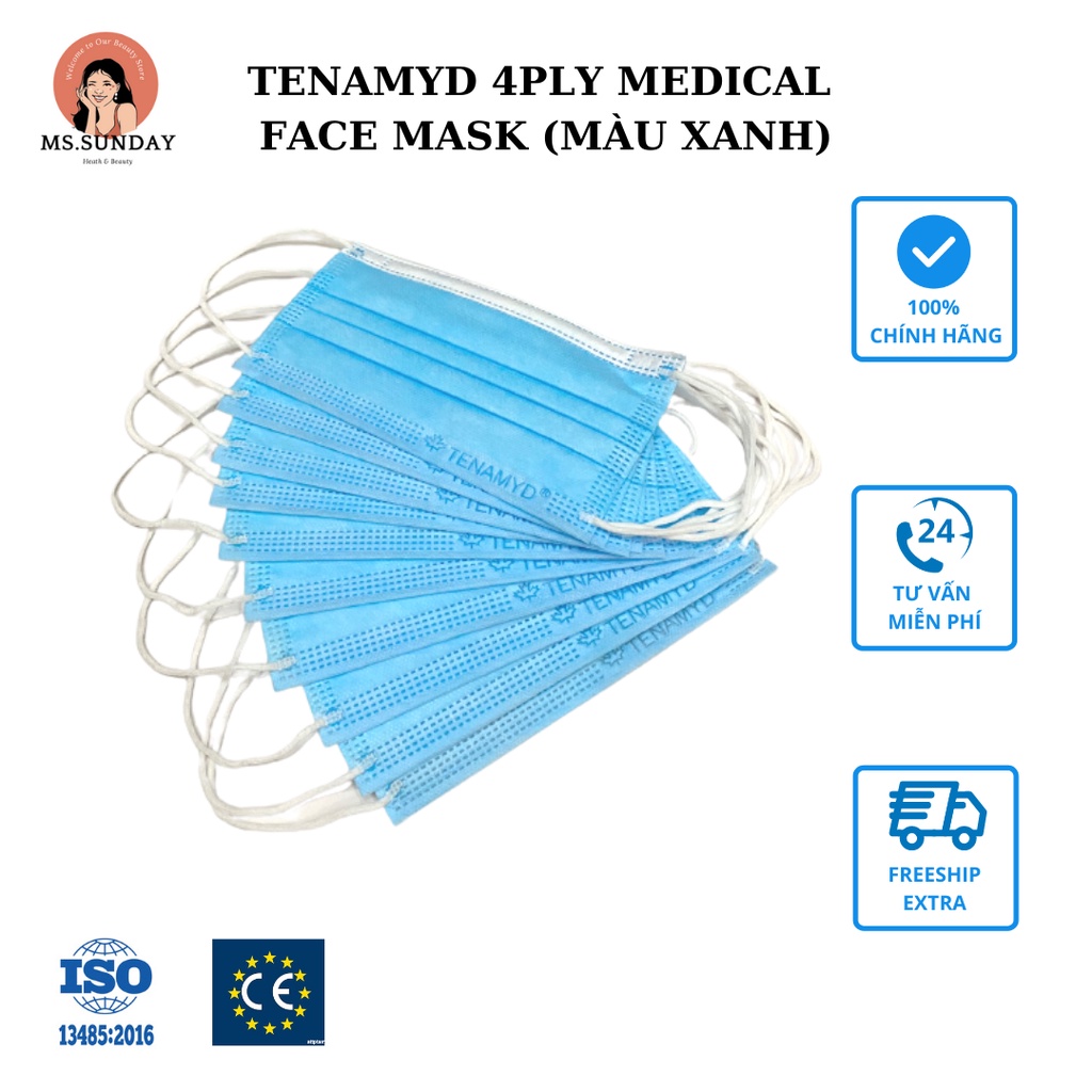 KHẨU TRANG Y TẾ 4 LỚP màu xanh - TENAMYD- hiệu suất lọc đạt chuẩn của Type IIR, ASTM 3 - lọc khuẩn, bụi và chất độc - H