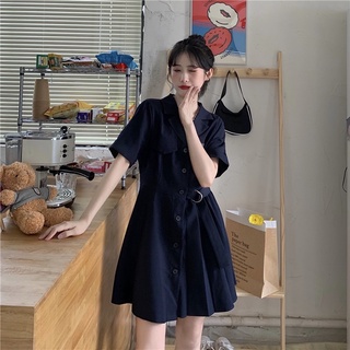 Váy sơ mi dáng xoè cổ bẻ dạng blazer có thắt eo