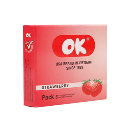 Bao cao su OK, bao cao su siêu mỏng mùi hương dâu tây, bạc hà, chocolate, không mùi, hộp 3 bcs