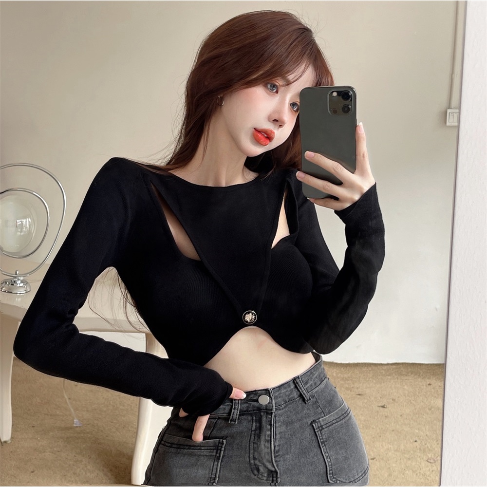 Porozi  Áo croptop  dệt kim tay dài cổ tròn màu sắc đơn giản phong cách Hàn Quốc
