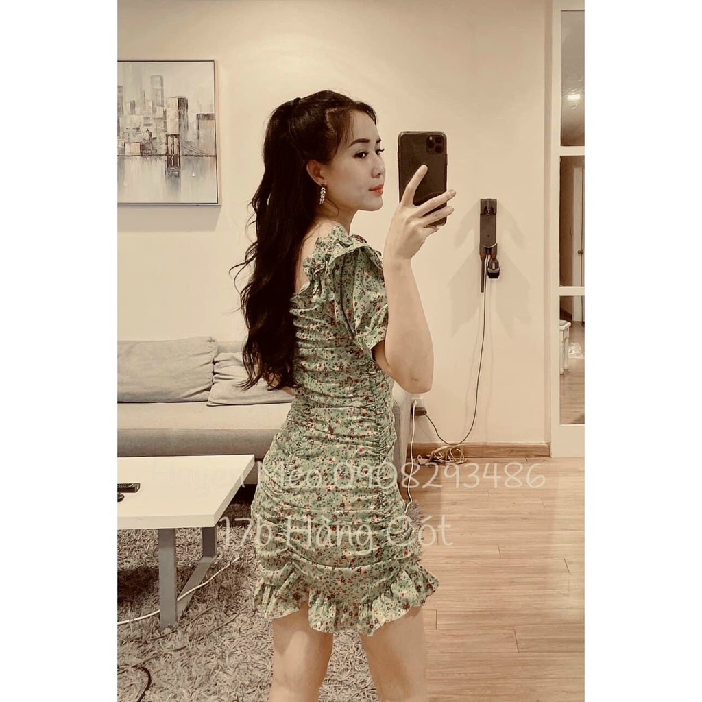 đầm bông lụa đính nút bệt vai đuôi xòe