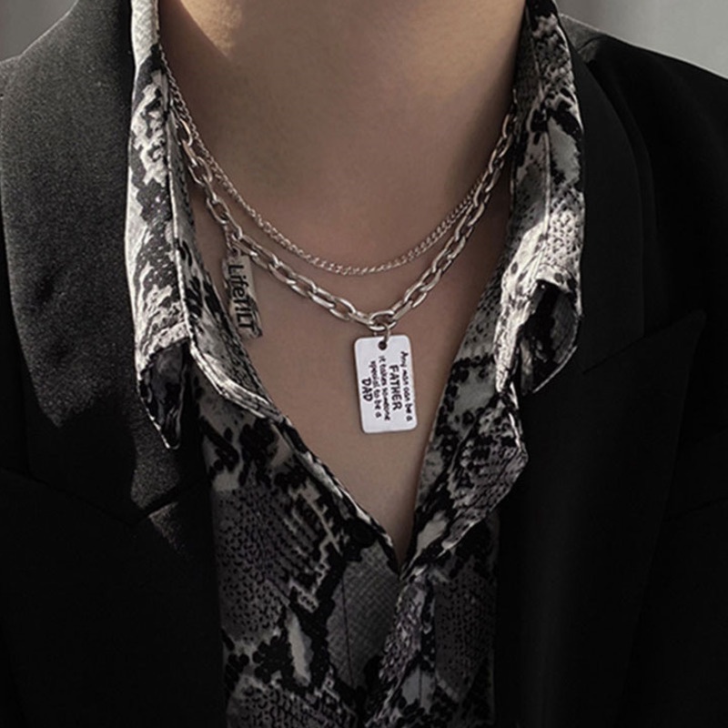 Dây chuyền hai lớp chồng lên nhau mặt tag họa tiết chữ cái dễ phối đồ phong cách retro hip hop đường phố 19501