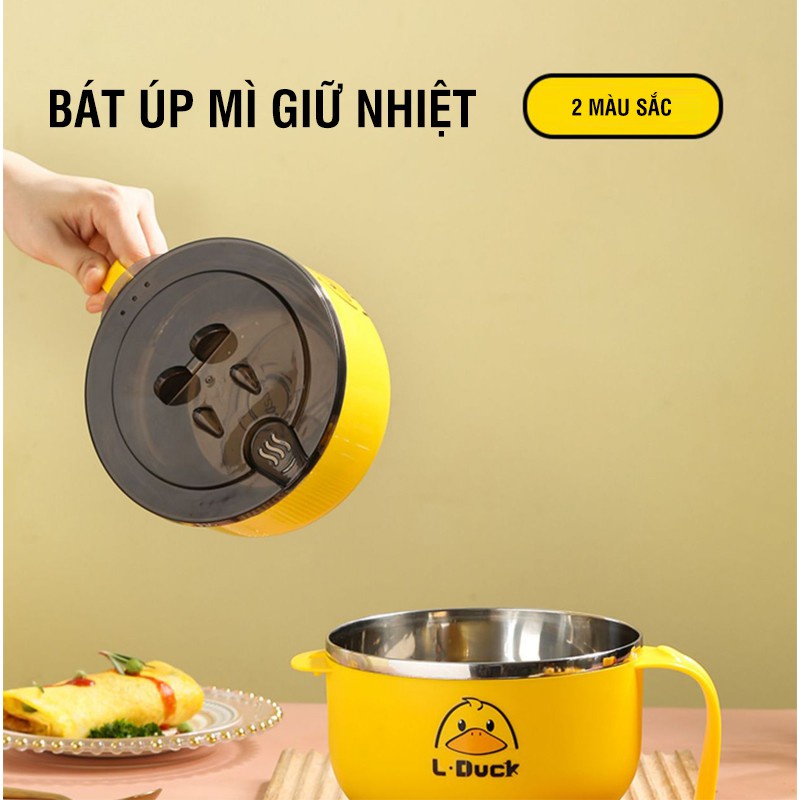 Bát ăn mì cách nhiệt Vịt Vàng dễ thương có tay cầm, Ca nấu mì cute có nắp giá đỡ điện thoại - OFee