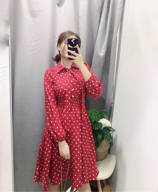 Đầm bi đỏ xoè cột nơ cổ xinh xắn - Moly Dress