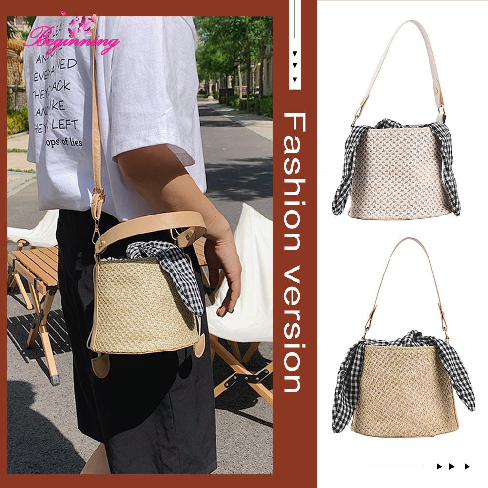 ❀beginning❀Exquisite Retro PU Woven Shoulder Bag Women Beach Mini Solid Color Bowknot Bucket Handbag❀