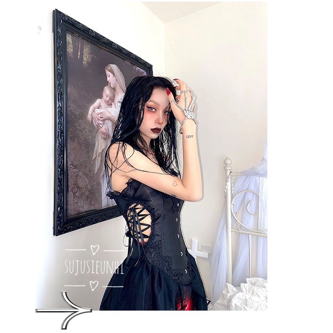 Vòng tay đính liền 5 chiếc nhẫn hình bộ xương gothic- phụ kiện hóa trang cosplay ma quỷ, punk