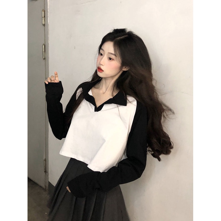 Jiashucheng Áo Thun Ngắn Tay Dài Dáng Rộng Màu Sắc Tương Phản Thời Trang Cho Nữ