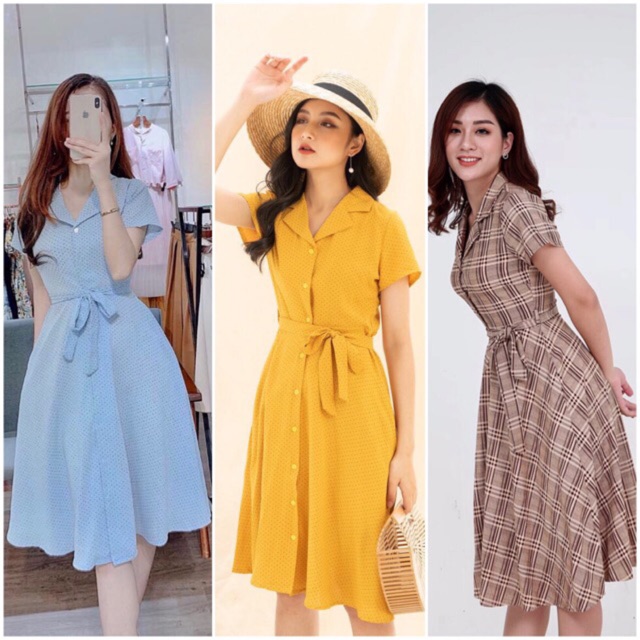 Bán Sỉ Đầm xoè cổ vest 2 hoạ tiết xanh chấm bi và kẻ cảo DVCC04