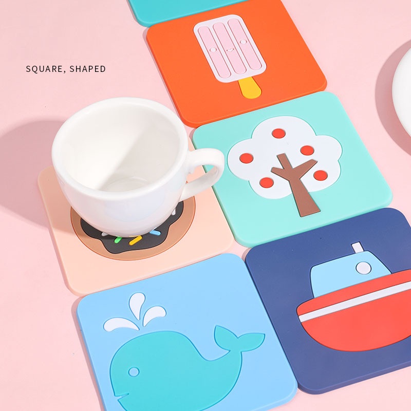 Lót ly silicon, miếng lót cốc, đế lót ly nhựa dẻo DÀY DẶN CÁCH NHIỆT, thiết kế họa tiết hoạt hình dễ thương, chống trượt