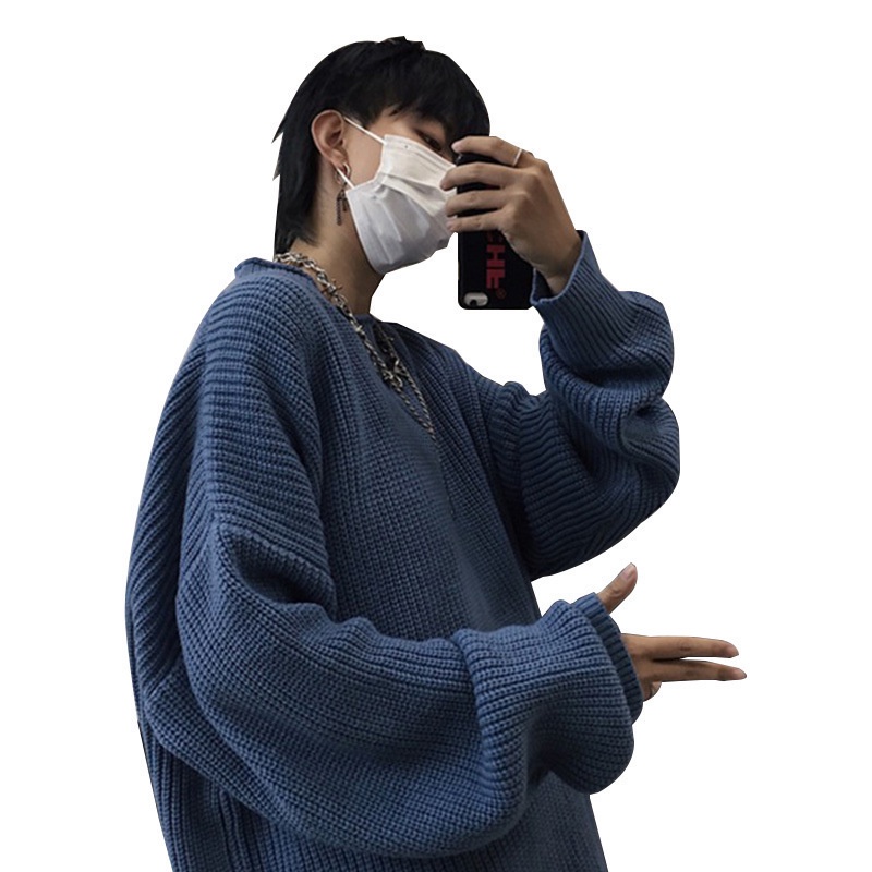 Ielgy Áo sweater Dệt Kim Cổ Tròn Dáng Rộng Màu Trơn Cho Nam