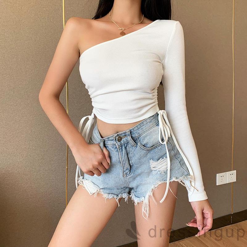 DRESSINGUP-Áo thun lệch vai dài tay gợi cảm bên hông có dây rút ôm sát cho nữ