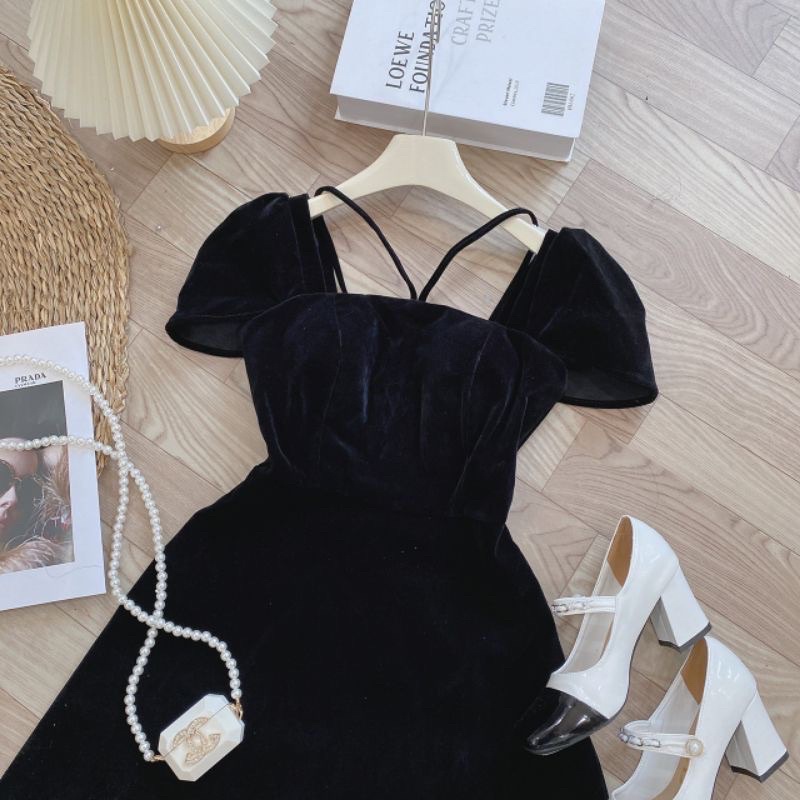 Váy đầm nhung xoè tay bồng cổ V phối dây siêu hot L1 ptp ln