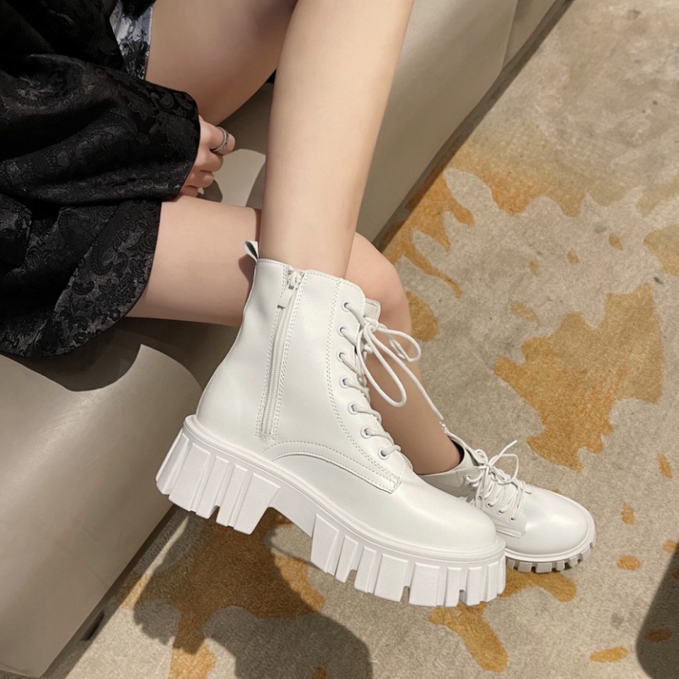 Giày bốt da cổ cao đế dày mũi tròn, Giầy boot Martin cao gót ulzzang Hàn Quốc thời trang dành cho nữ, khóa kéo Box