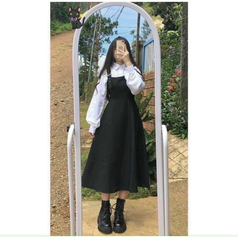 (Hàng sẵn) ✔️Set yếm khuy kèm sơ mi tay phồng nữ hothit💙 | BigBuy360 - bigbuy360.vn