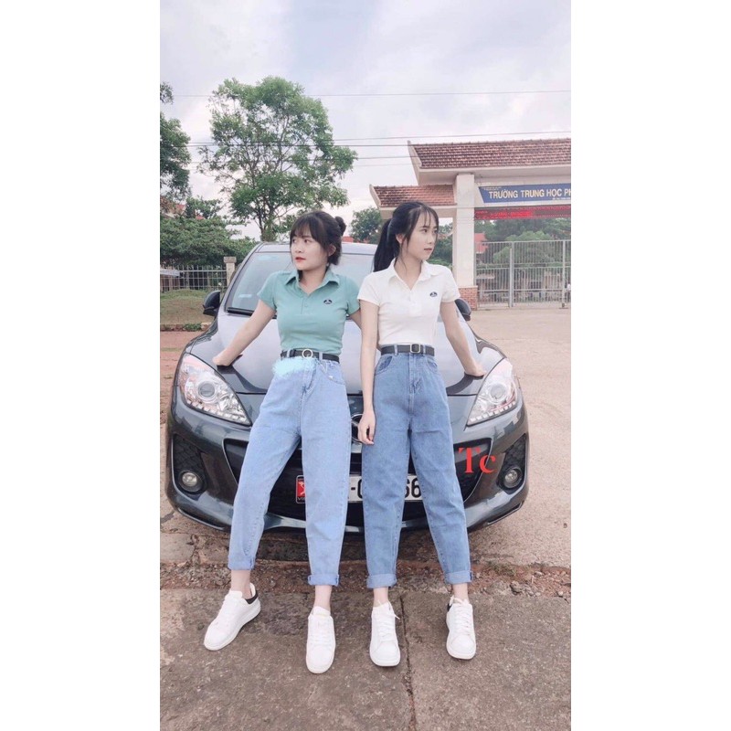 SÉT quần baggy bò xanh kèm áo crt lô gô