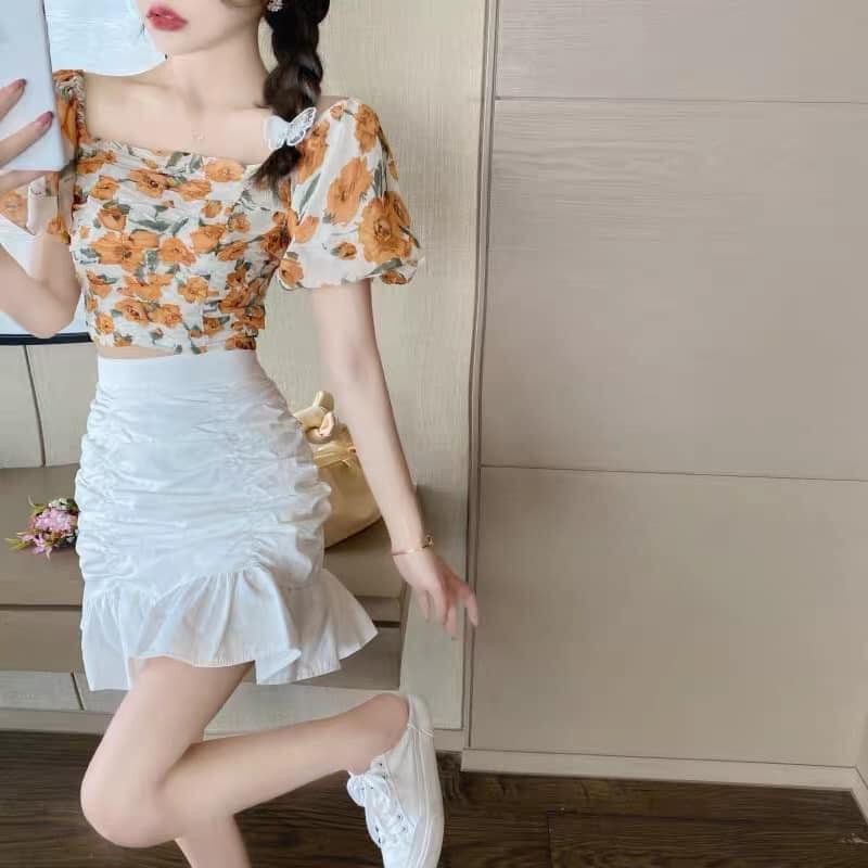 Set Áo Trễ Vai Hoa Kèm Chân Váy Nhúm Cao Cấp , Set Trễ Vai Hoa Nhúm Mặc 2 Kiểu Siêu Xinh