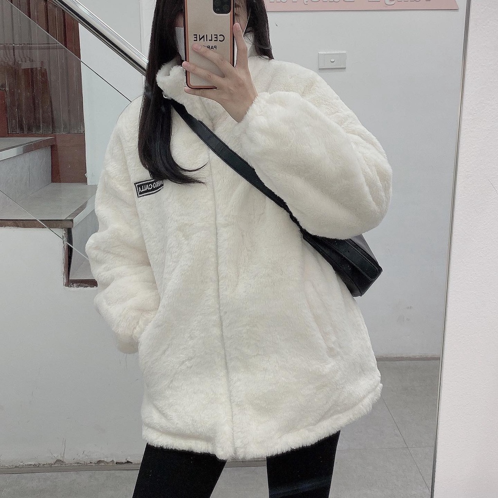 2101125 Áo lông sọc tay, áo khoác lông trần bông dày ấm thời trang ulzzang freesize | BigBuy360 - bigbuy360.vn
