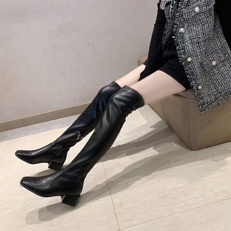 [Sẵn 35 38] Boots đùi nữ ôm chân ulzzang da trơn gót vuông cao 5cm | BigBuy360 - bigbuy360.vn