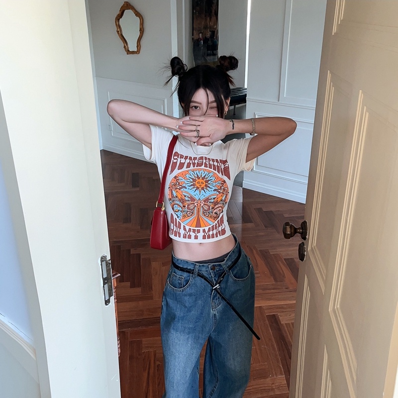 Áo thun croptop SUXI tay ngắn ôm dáng in họa tiết phong cách cổ điển thời trang mùa hè